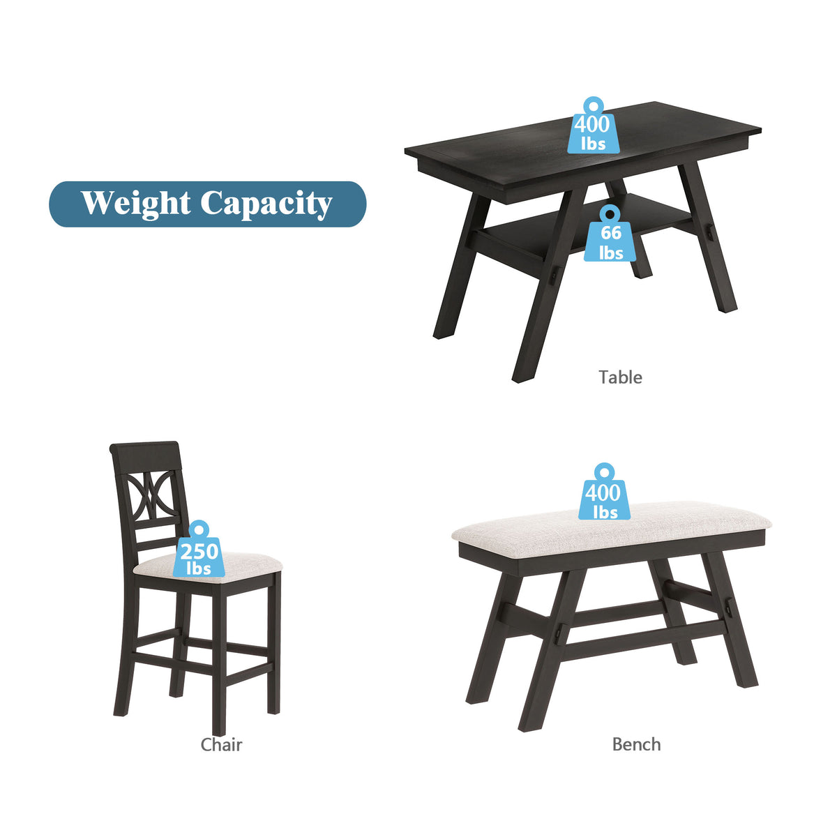 TOPMAX 6-Piece Wood Counter Height Dining Table Set with Storage Shelf, Kitchen Table Set with Bench and 4 Chairs, Rustic Style