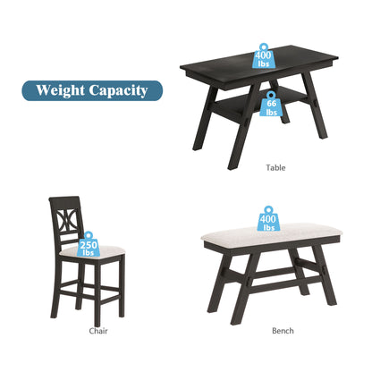 TOPMAX 6-Piece Wood Counter Height Dining Table Set with Storage Shelf, Kitchen Table Set with Bench and 4 Chairs, Rustic Style