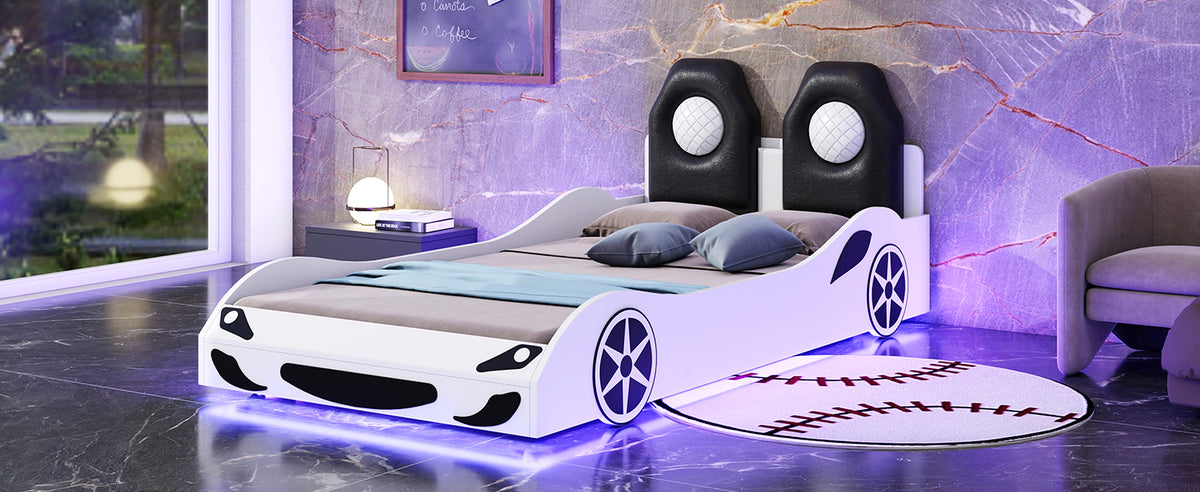 Wood Twin Size Race Car-Shaped Platform Bed with LED and Upholstered Backrest, White