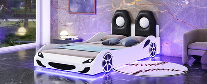 Wood Twin Size Race Car-Shaped Platform Bed with LED and Upholstered Backrest, White