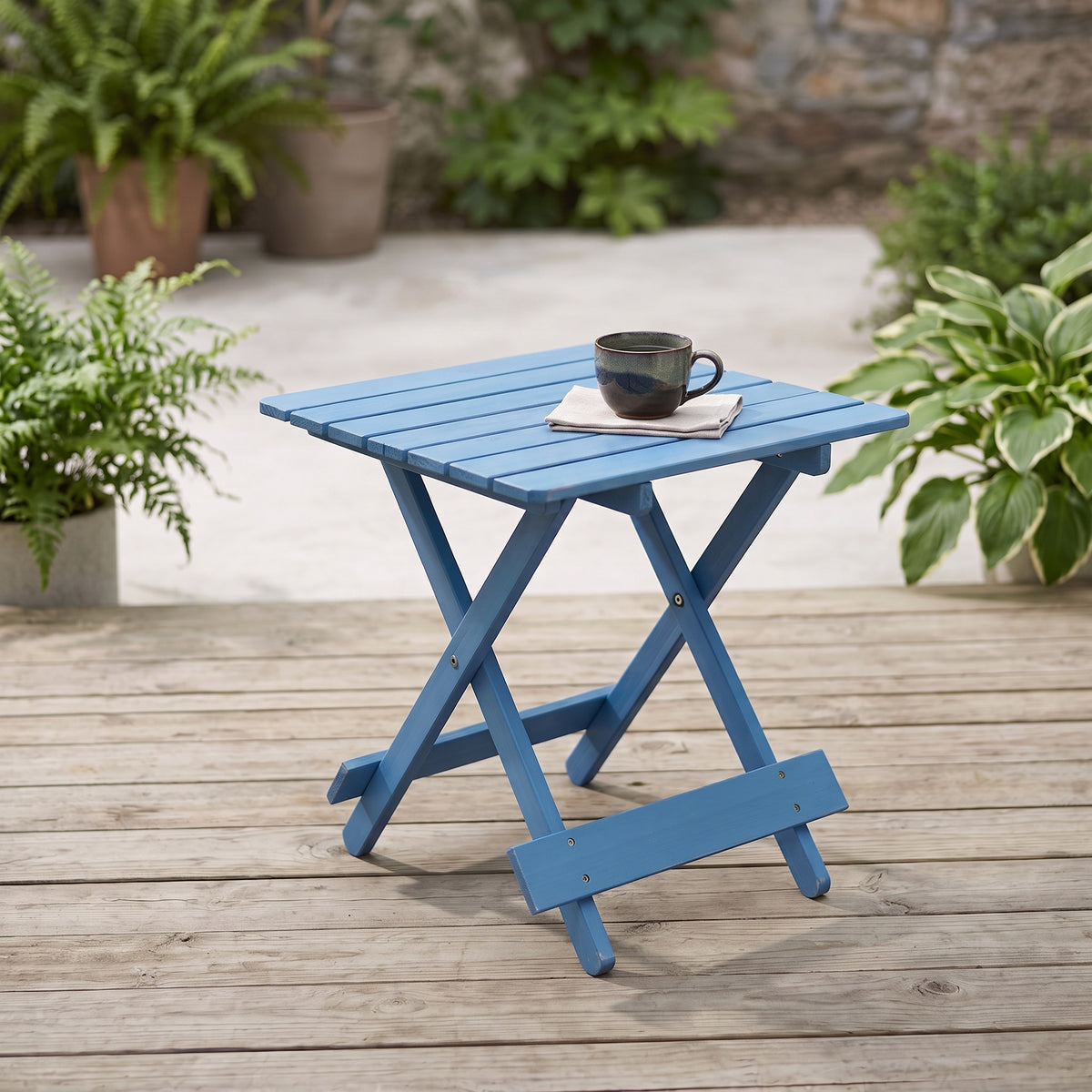 Folding Square Table Patio Outdoor solid wood Table for Backyard, Balcony, Portable Design Space-Saving Blue Color