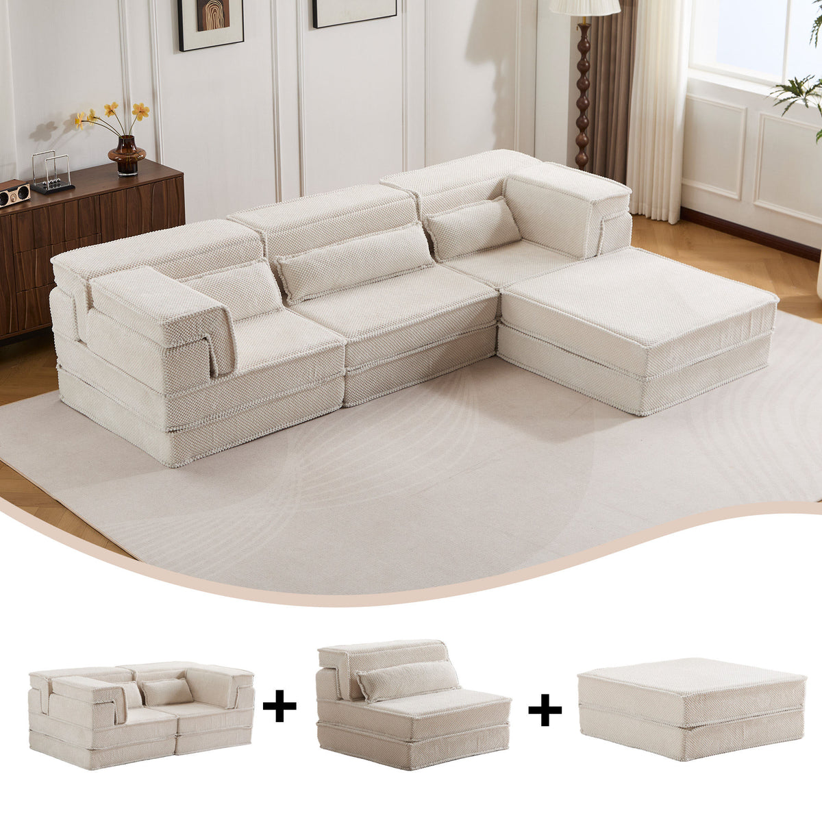 Compression Mahjong Sofa, Convertible Floor Sofa Bed, DIY Boneless Modular Sectional Sofa, No Assembly Required, Circle fleece fabric – Model W3723S00023