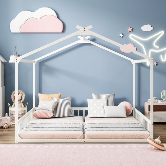 Double Twin House-Shaped Floor Bed with Safety Guardrails, without door, White