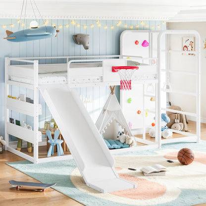 Twin size metal loft/bunk bed with basketball hoop, pull-up rings, climbing wall, and built-in bookshelves. Playful children's design featuring a slide,White.