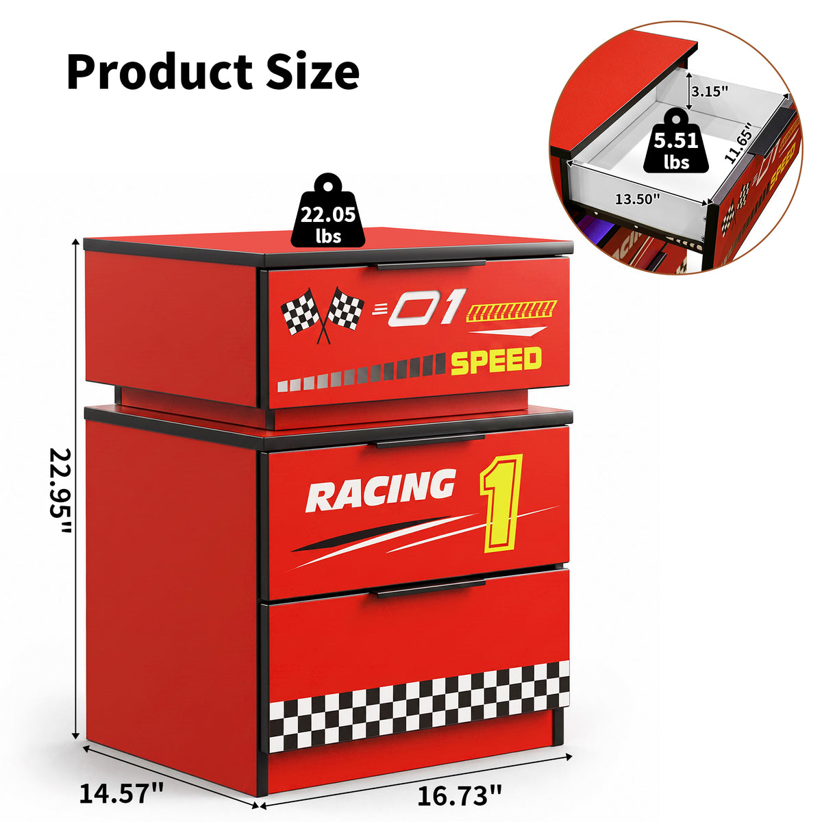 Kids Racing Car 3-Drawer Nightstand with Smart RGB LED Light, App/Remote/Music Sync Bedside Storage Cabinet, Fully KD