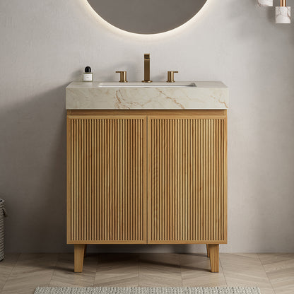 LULA 30' Bathroom Vanity&Sink,Freestanding Cabinet,Cream Gold Vein Sintered Stone Top&Ceramic Basin with 3 Pre-drilled Faucet Holes,Disassembled,NO Faucet and Drain Set, Natural Woodgrain Color