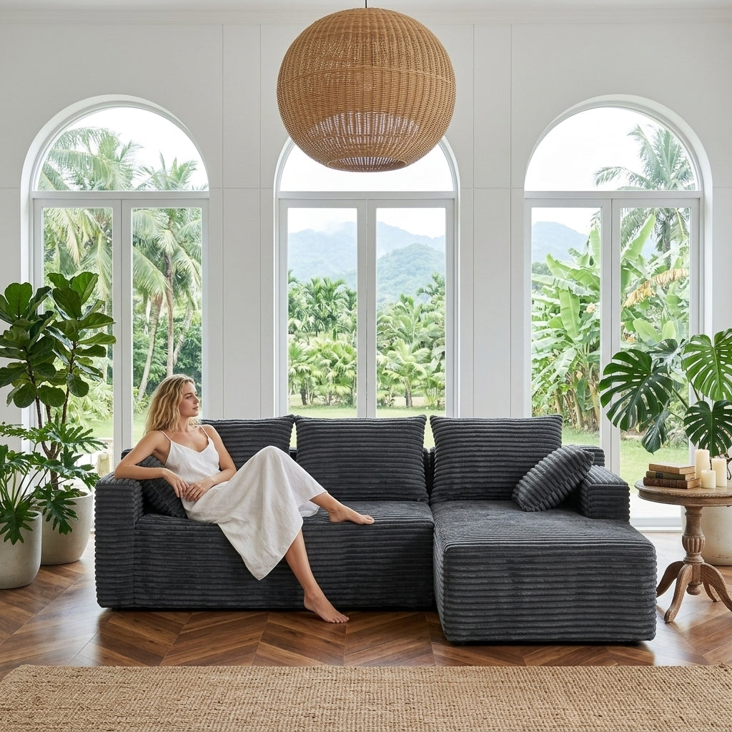 96' Modular Sectional Sofa with L-Shape Chaise,Sectional Couches for Living Room&Home Office,DIY Frameless Cloud Couch with Deep Seat,Upholstered Couch with Foam(Corduroy Fabric,Gray and Right)