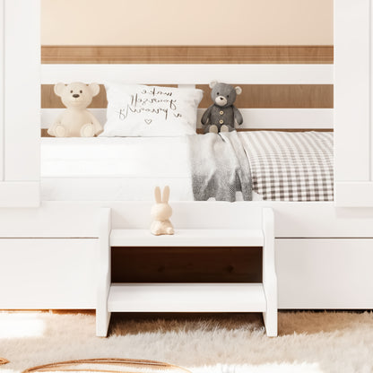 Twin Size Farmhouse Bed with Sliding Barn Door and Light Bulb, Wood house Bed Frame with Stair and Drawers, White