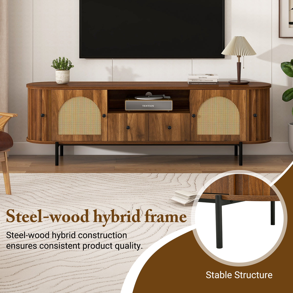 U-Can American Style TV Stand with Rattan Arched Doors, Drawers, Hidden Storage, Steel Legs, Rounded Corners