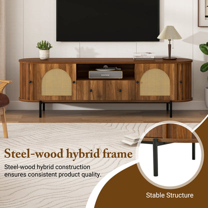 U-Can American Style TV Stand with Rattan Arched Doors, Drawers, Hidden Storage, Steel Legs, Rounded Corners