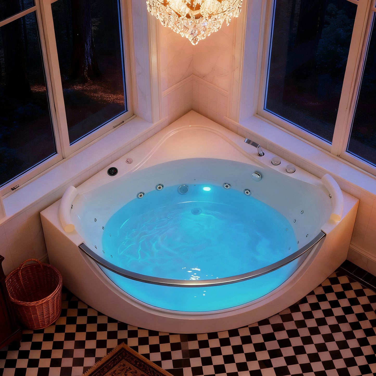 KORRA 2 Person Acrylic Corner Whirlpool Bathtub 59 Inch 16 Jet Hydro Massage Bathtub With Heater Rainbow Light UL Certified Spa