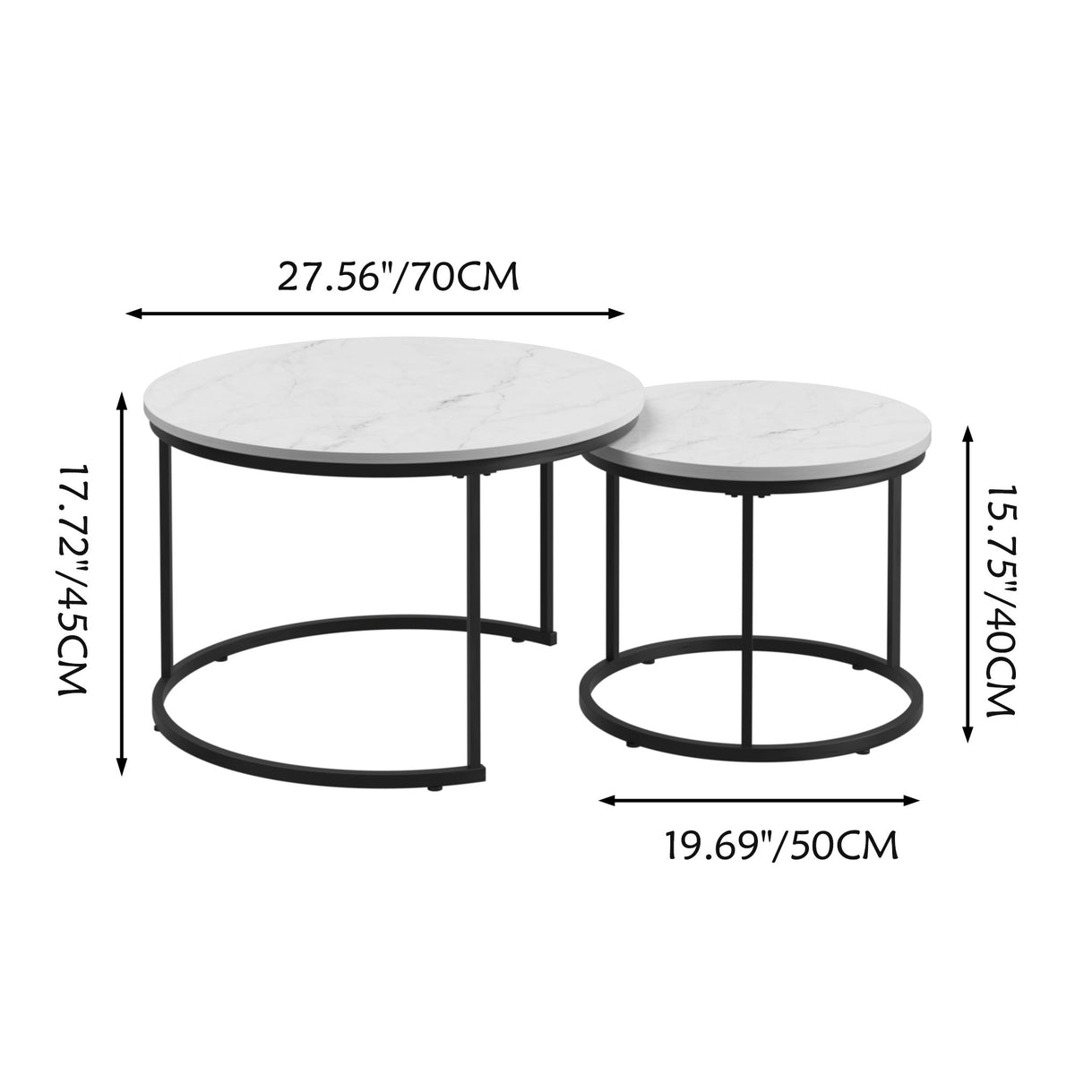 Nesting Coffee Table Set of 2, 27.6inch Round Coffee Table Wood Marble Pattern Top with Sturdy Metal Frame - White
