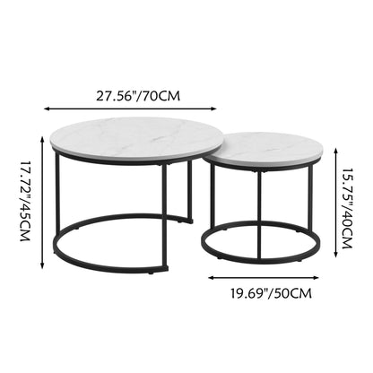 Nesting Coffee Table Set of 2, 27.6inch Round Coffee Table Wood Marble Pattern Top with Sturdy Metal Frame - White