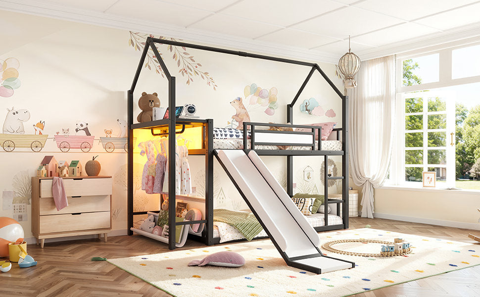 Twin Over Twin Metal Bunk Bed with Slide, LED Clothing Hanging Area, Fabric Storage Shelf & Power Outlet, Childlike Playhouse bunk bed Frame with low-profile design for Kids Girls,boys, Black