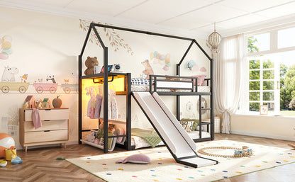 Twin Over Twin Metal Bunk Bed with Slide, LED Clothing Hanging Area, Fabric Storage Shelf & Power Outlet, Childlike Playhouse bunk bed Frame with low-profile design for Kids Girls,boys, Black