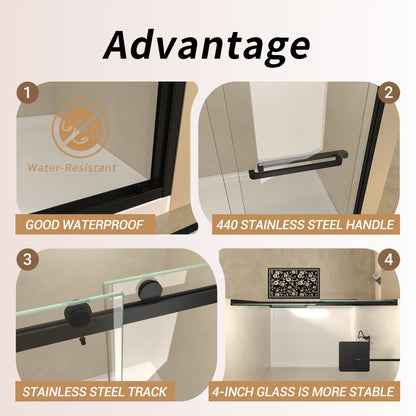 Semi-frameless Double Sliding Glass Shower Doors, 60" Width x 76"Height with 3/8"(10mm) Clear Tempered Glass, Matt Black