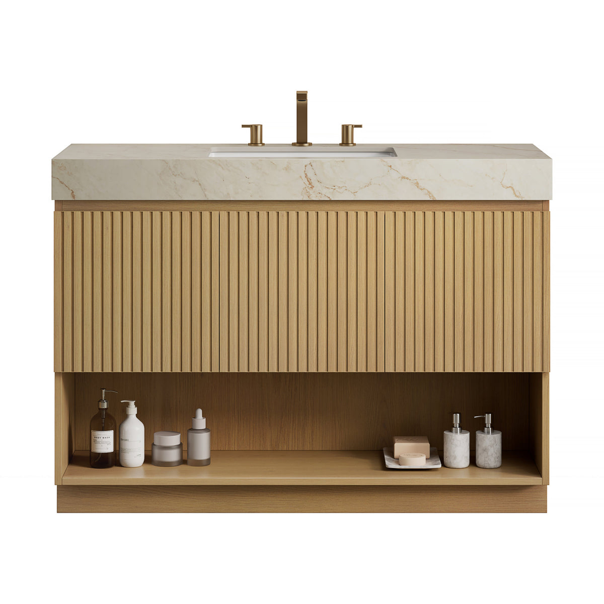 FINO 48" Bathroom Vanity&Sink,Freestanding Cabinet,Cream Gold Vein Sintered Stone Top&Ceramic Basin with 3 Pre-drilled Faucet Holes, Disassembled, Faucet & Drain Excluded, Corolla Oak Woodgrain Color