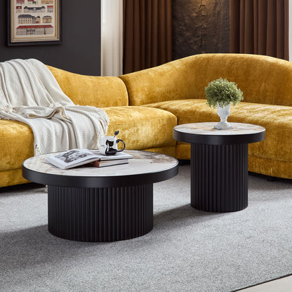 Set of 2 Coffee Table,MDF Round Coffee Table Sintered Stone Tabletop for Living Room Apartment,Leisure Area BLACK