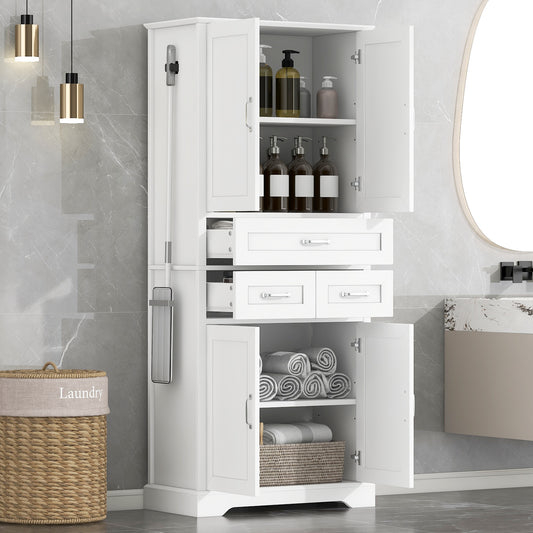 Tall Bathroom Storage Cabinet, Freestanding Linen Tower with 4 Doors and 3 Drawers, Adjustable Shelves, MDF Board White Bathroom Organizer with Aluminum Alloy Hook