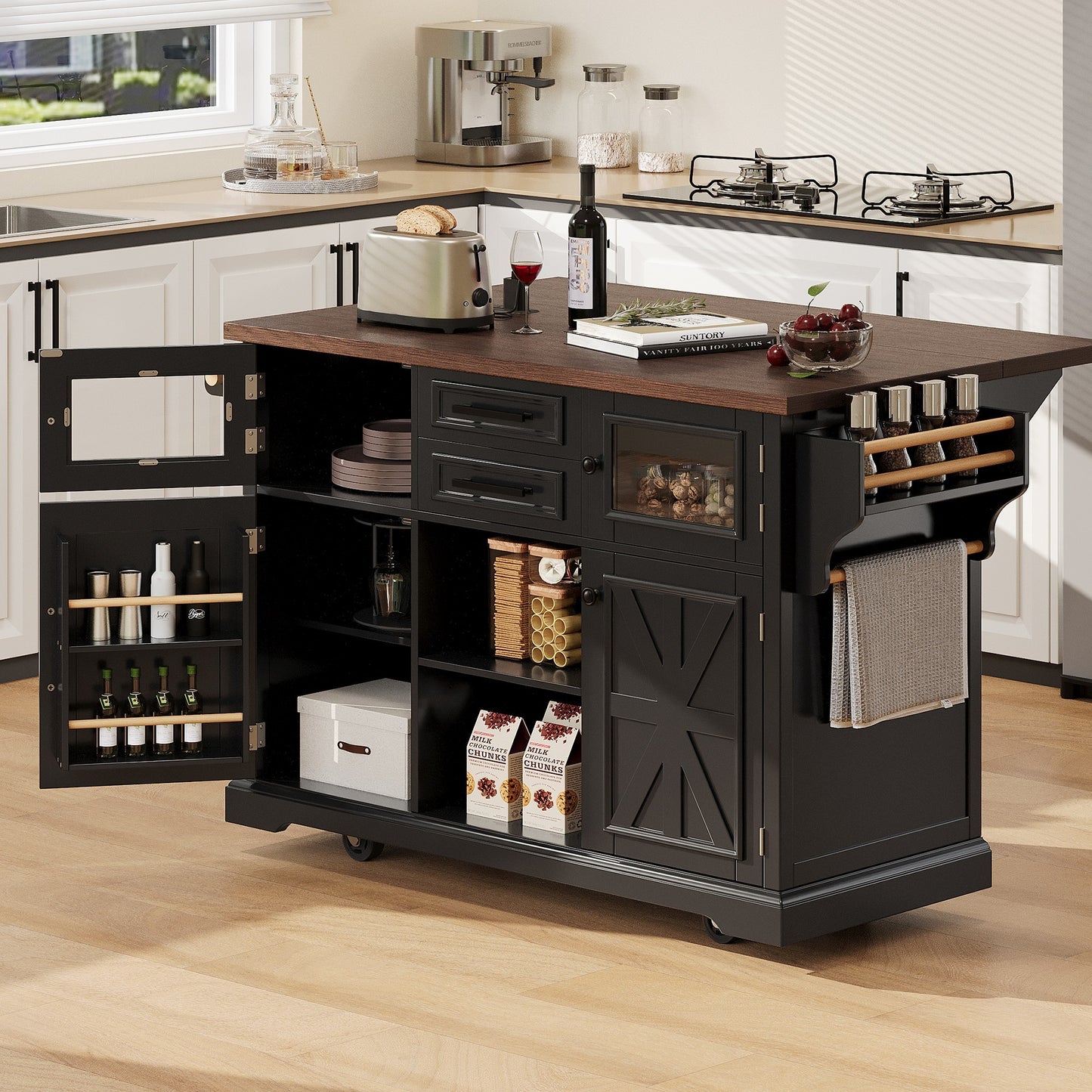K&K 54.9' Kitchen Island with Drop Leaf, Power Outlet, Kitchen Storage Cart with 4 Door Shelves, Cross Barn Doors & Visual Glass Door, Rolling Kitchen Island on 4 Wheels for Kitchen, Dining Room,Black