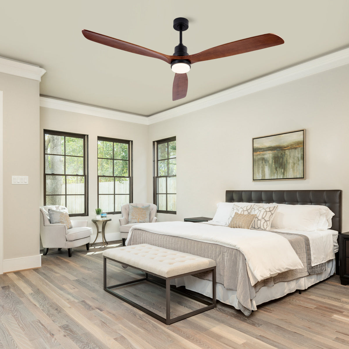 72 Inch Ceiling Fan with LED Light, 3‑Blade Black Walnut Wooden Fan, DC Motor, 6‑Speed & 1/4/8H Timer, Matte Black Iron, For Large Living Room Farmhouse Indoor