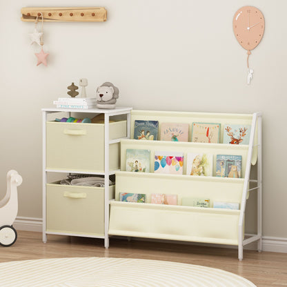 Kids Bookshelf with 3-Tier Front-Facing Book Display, 2 Storage Bins and Bottom Cabinet, Children's Bookcase Organizer for Bedroom, Playroom and Nursery