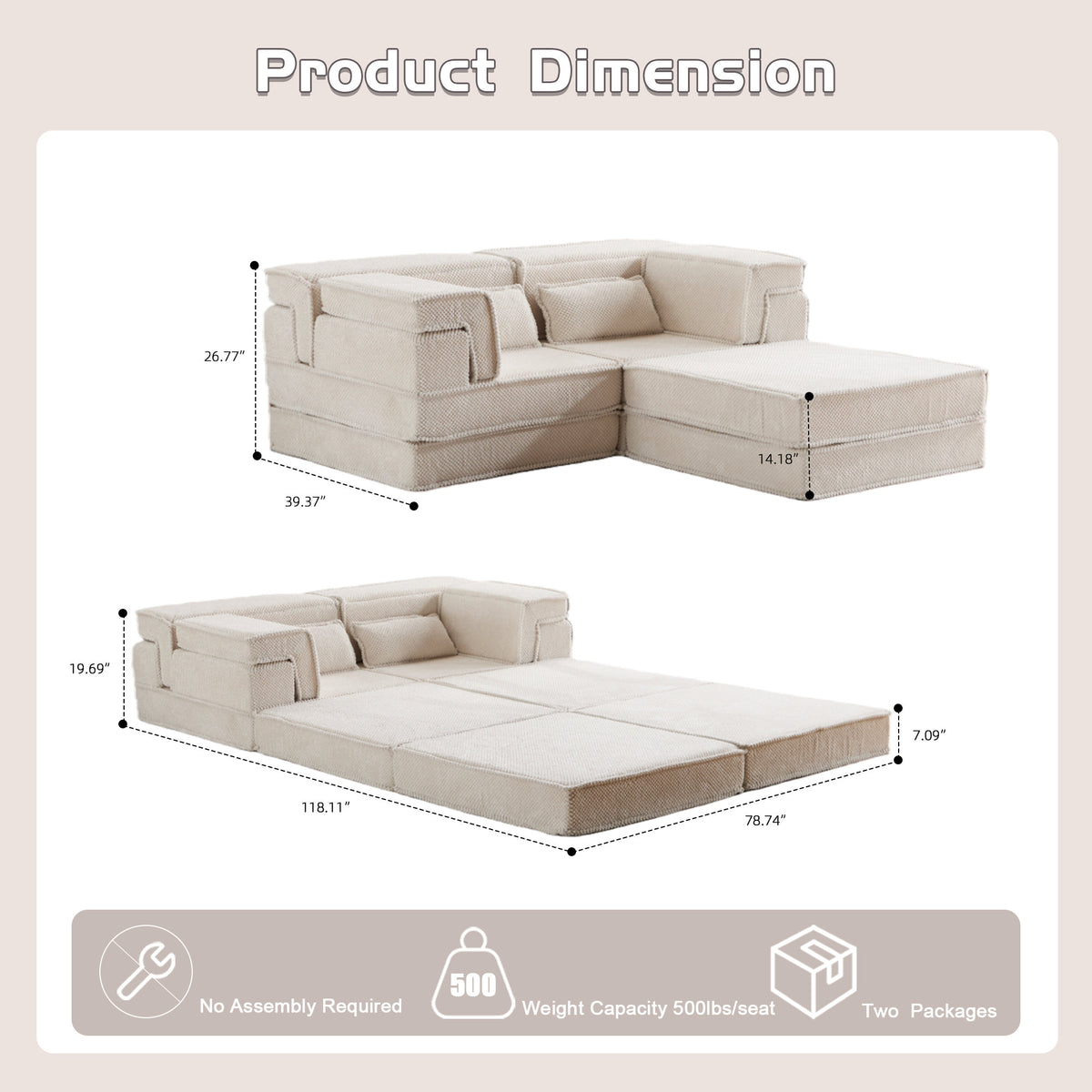 Compression Mahjong Sofa, Convertible Floor Sofa Bed, DIY Boneless Modular Sectional Sofa, No Assembly Required, Circle fleece fabric – Model W3723S00027
