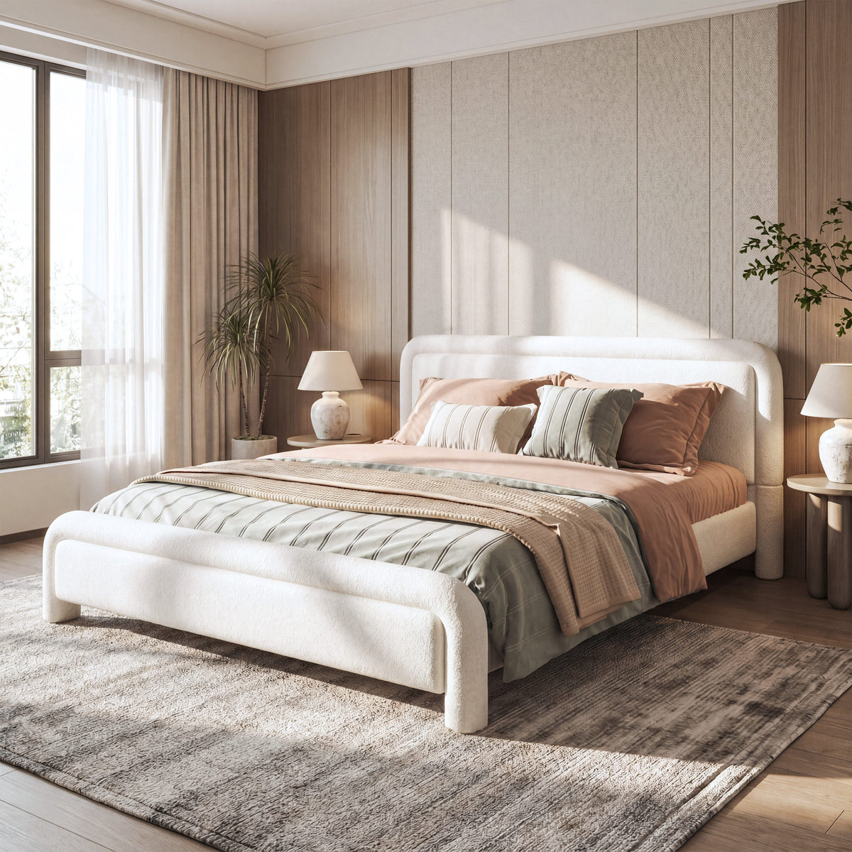 Modern White Boucle Upholstered Queen Platform Bed Frame with Curved Headboard, Wood Slats Support, No Box Spring Needed, Easy Assembly