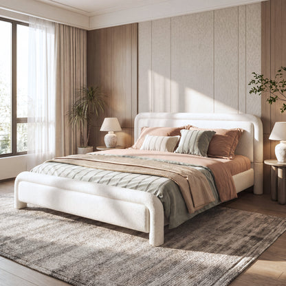 Modern White Boucle Upholstered Queen Platform Bed Frame with Curved Headboard, Wood Slats Support, No Box Spring Needed, Easy Assembly