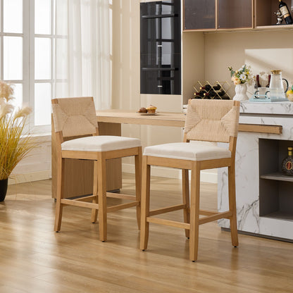 Hand‑Woven Rattan Counter Height Bar Stools Set of 2, 27 Inch Seat Height, Linen Upholstered Barstools with S‑Spring & High‑Density Sponge Cushion, Solid Wood Frame for Kitchen Island,SW1872MT