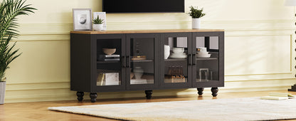 ON-TREND Farmhouse TV Stand with Tempered Glass Doors for TVs Up to 70", Versatile Sideboard with Adjustable Shelves