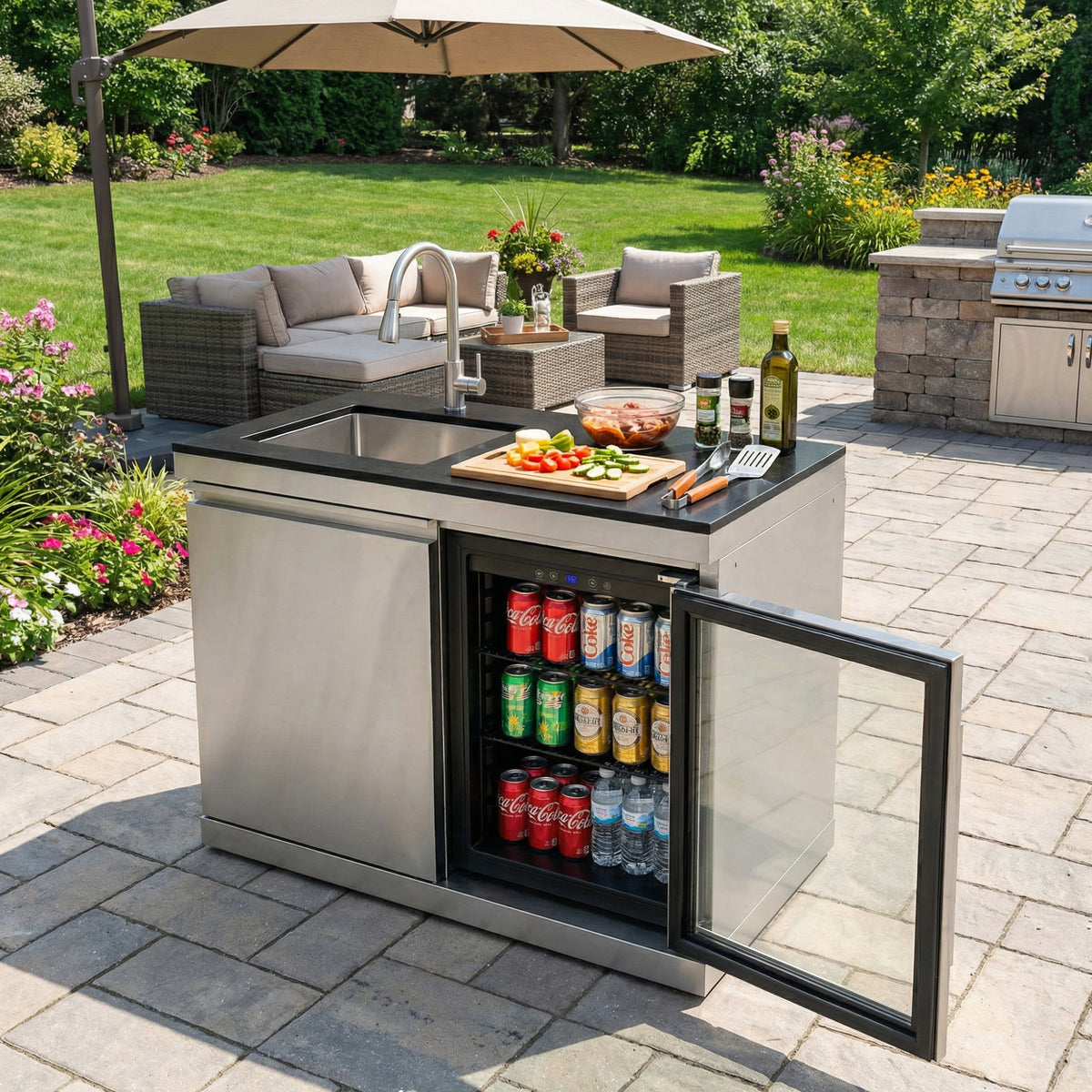 Sink and Fridge Combo for Outdoor Kitchen, 70L Refrigerator and Sink with Pull-Down Faucet, Brushed SS and Black Granite Countertops, All-in-One BBQ Island Cleaning Station (Silver)