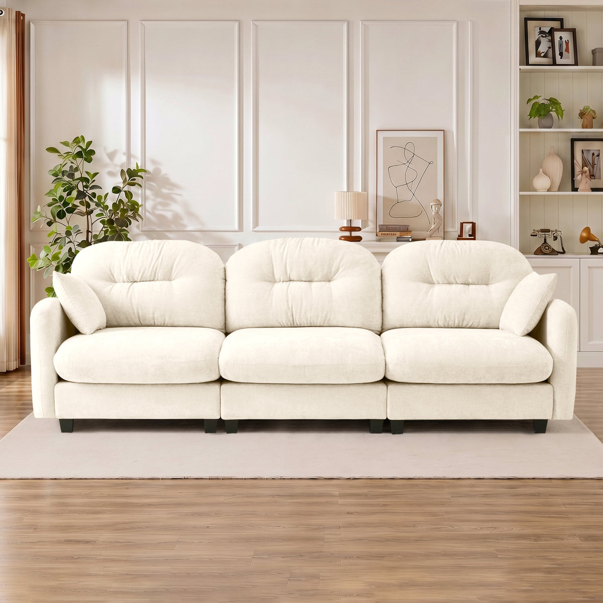 Three-Seate Modular Sectional Couch, Soft Chenille Fabric High-Density Foam, Quilted Pleated Design Ergonomic Design, Elegant Armrests