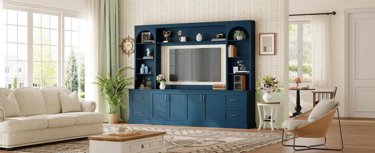 Modern Arched Entertainment Center Wall Unit with Drawers, Farmhouse TV Stand with Cable Holes for TVs Up to 65", Multifunctional All-in-One TV Console with Adjustable Shelves for Living Room, Blue