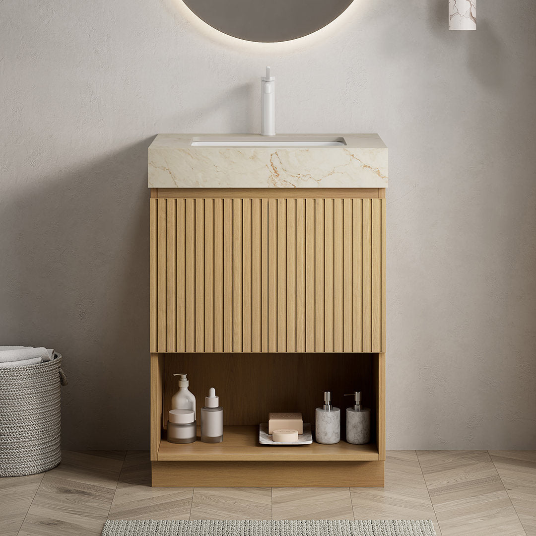 FINO 24" Bathroom Vanity&Sink,Freestanding Cabinet,Cream Gold Vein Sintered Stone Top&Ceramic Basin with 1 Pre-drilled Faucet Hole, Disassembled, Faucet & Drain Excluded, Corolla Oak Woodgrain Color