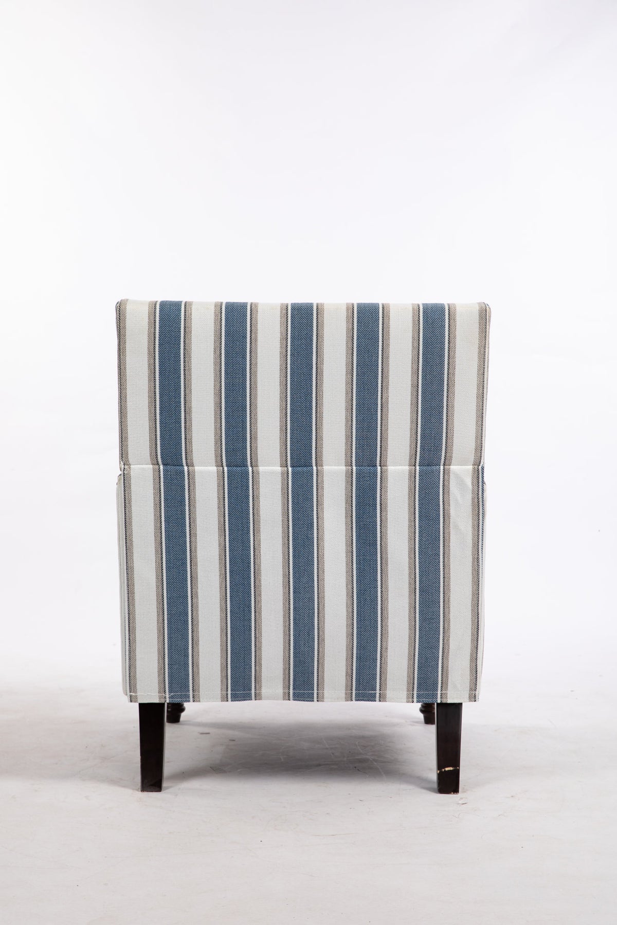 Upholstered Accent Chair, Vintage Armchair with Solid Wood Legs, Blue and White Striped Linen Fabric and Nailhead Trim for Living Room