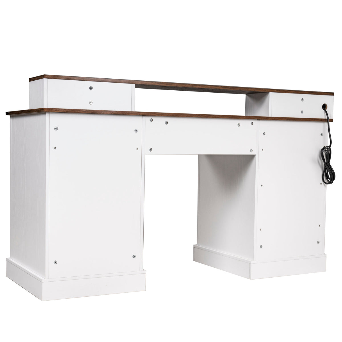 White Farmhouse Office Desk with Charging Station, Monitor Stand & Storage Cabinet, Barn Door Design, MDF, 59.5' L x 21' W x 35.8' H