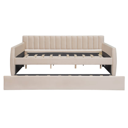 Full Size Upholstered daybed with Trundle and Wood Slat Support, Beige(Old SKU:LP000121AAA)
