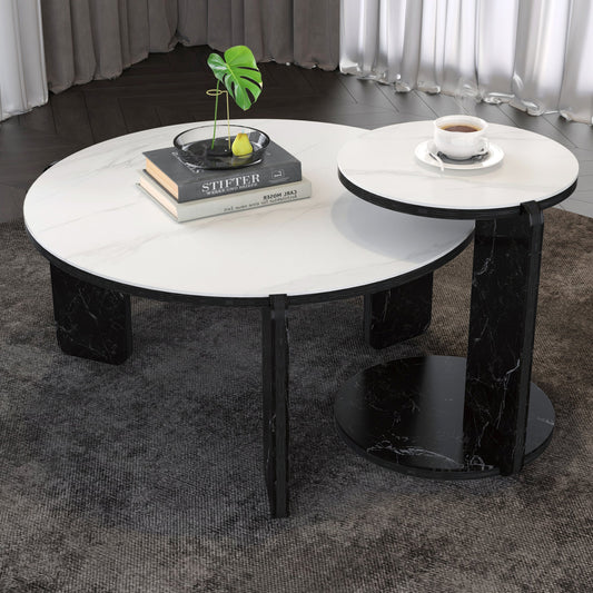 Set of 2 Round Nesting Coffee Table for Small Place, living room end table with white sintered stone top, 32.68" + 16.93" diameter Side Table Night Stand for Bed Room Dining Room, 83+ 43 cm sofa table