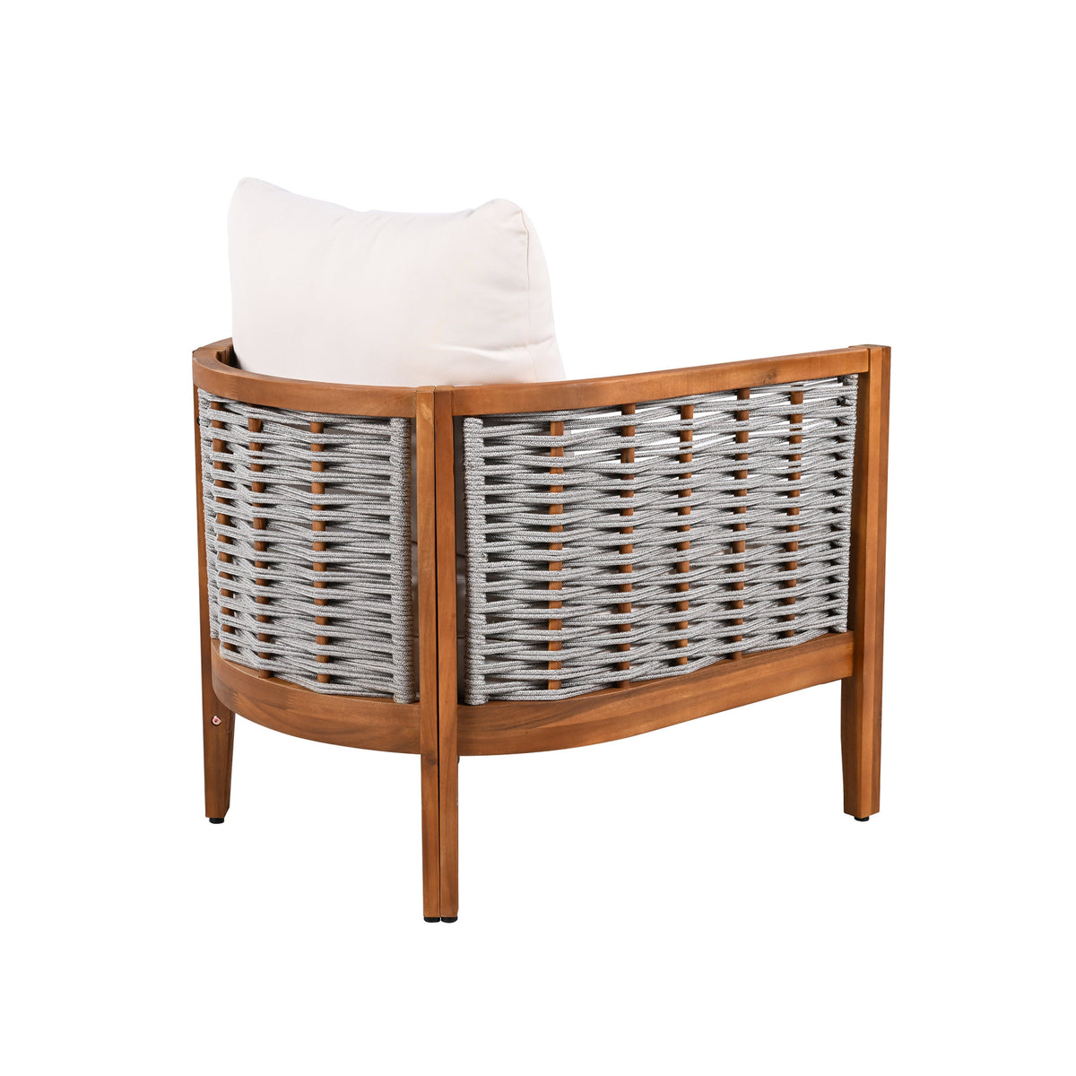 Outdoor Unique Tub Design Armchair with Woven Rope, Patio Furniture Acacia Wood Chair,  Deep Seating with Soft Cushions for Porch, Garden, Backyard, Balcony, Teak Finish & Beige Cushion