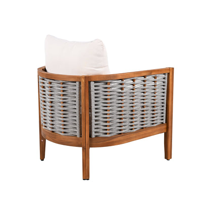 Outdoor Unique Tub Design Armchair with Woven Rope, Patio Furniture Acacia Wood Chair,  Deep Seating with Soft Cushions for Porch, Garden, Backyard, Balcony, Teak Finish & Beige Cushion