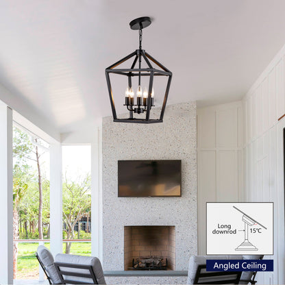 Farmhouse Lantern Chandelier 5-Light, Industrial Black Ceiling Light Fixture with Rustic Open Cage and Adjustable Hanging Height