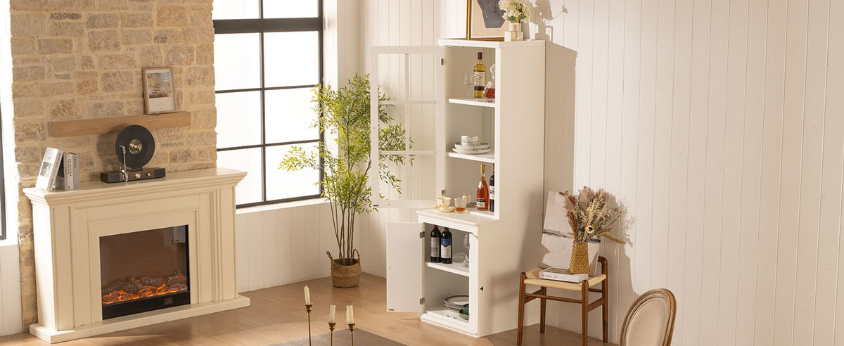 75.25'' Tall Freestanding Pantry Cabinet with Glass Door & Lattice Window, Farmhouse Display Cabinets with Storage, Hutch with Double-Action LH&RH Door, for Hallways, Livingroom Kitchen & Office,White