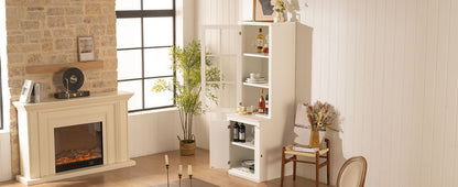 75.25'' Tall Freestanding Pantry Cabinet with Glass Door & Lattice Window, Farmhouse Display Cabinets with Storage, Hutch with Double-Action LH&RH Door, for Hallways, Livingroom Kitchen & Office,White