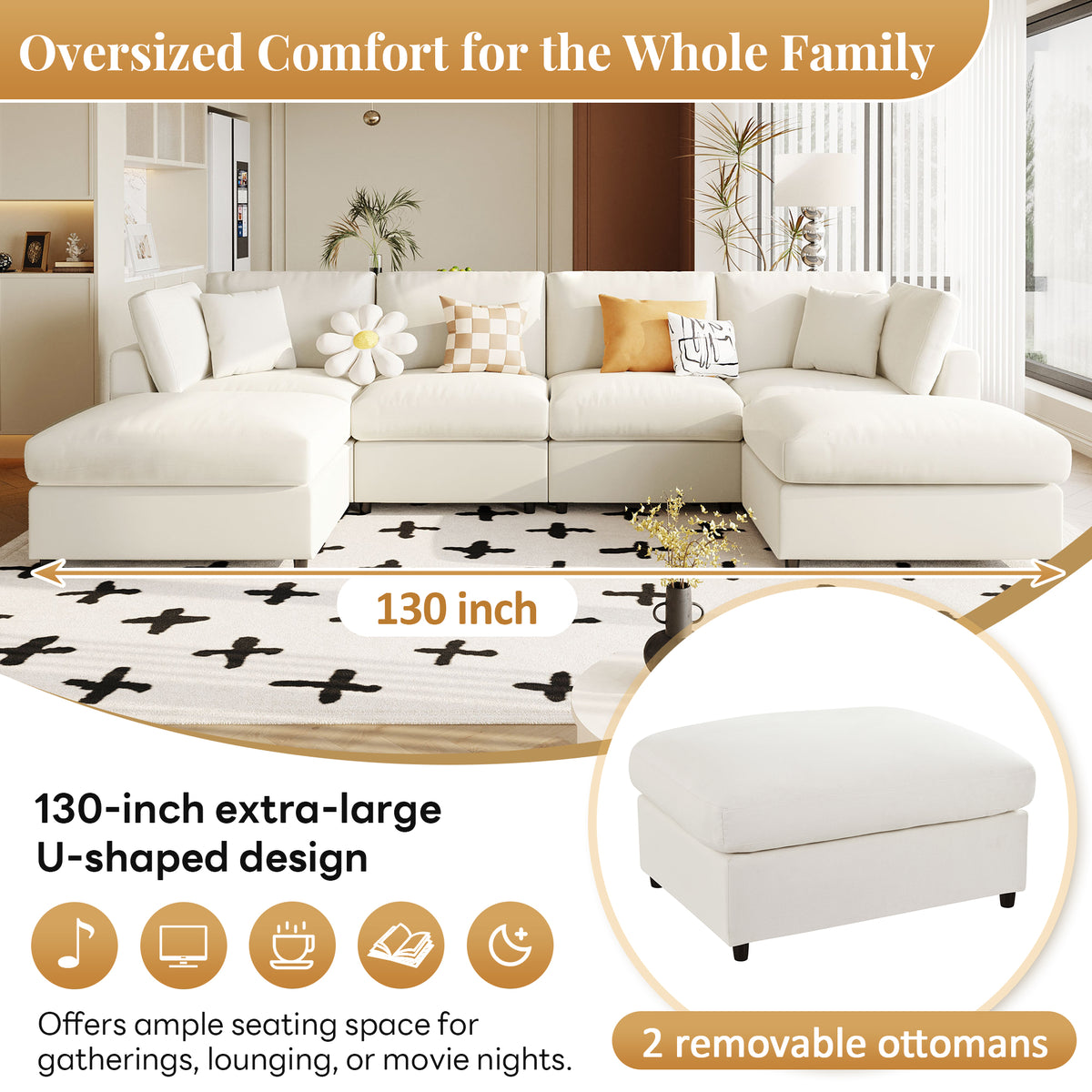 U_STYLE 128" Large U-Shaped Sectional Sofa with 2 Movable Ottomans, Chenille Fabric, Modular Design, Home Theater, Spacious Space