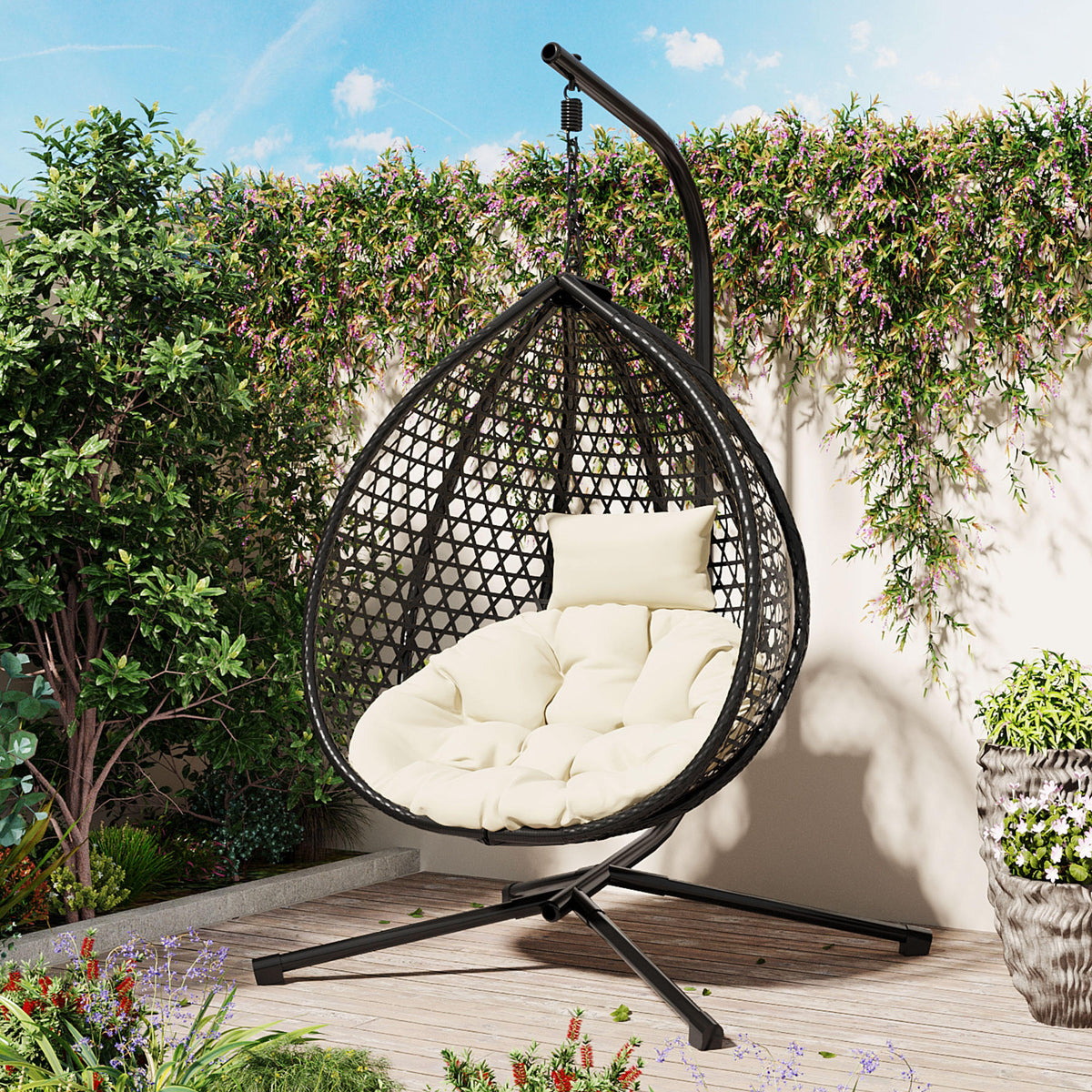 U_STYLE Sturdy Hammock Chair with Stand, Durable Hanging Egg Chair with Rattan Weaving ,Comfortable Indoor Outdoor Swing  chairs with Soft Removable Cushion,Suitable for Balcony, Bedroom,or Garden
