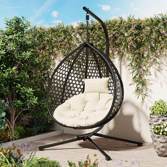 U_STYLE Sturdy Hammock Chair with Stand, Durable Hanging Egg Chair with Rattan Weaving ,Comfortable Indoor Outdoor Swing  chairs with Soft Removable Cushion,Suitable for Balcony, Bedroom,or Garden