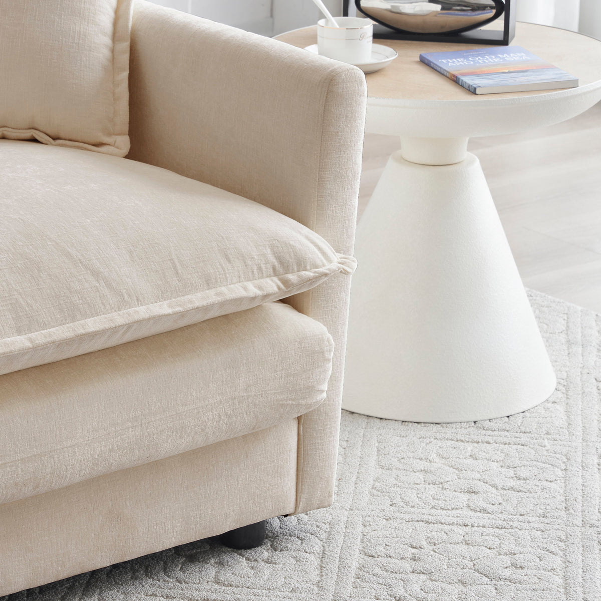 Mid-Century Modern Couch 3-Seater Sofa with 2 Armrest Pillows and 3 Toss Pillows, Couch for Living Room Light Coffee Chenille