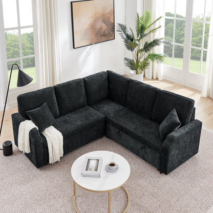 81.2'' Modular Sectional Sofa with Pull Out Bed, 5-Seater L Shaped Sectional Sleeper Couch with Hidden Storage, Chenille Convertible Couches for Living Room, Apartment (Black)
