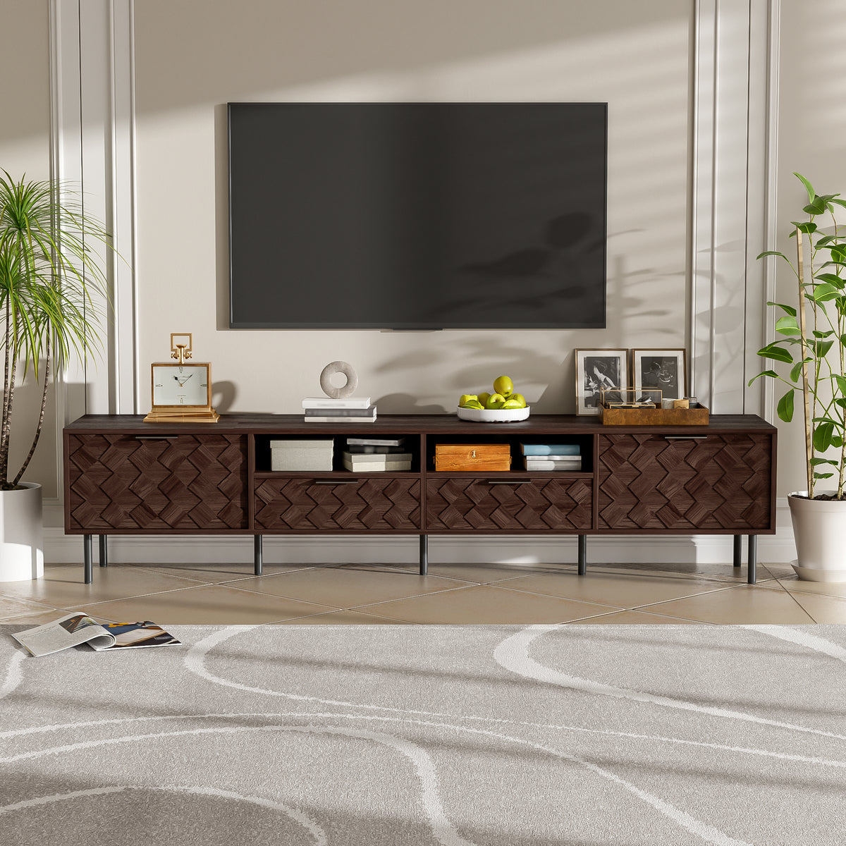 Modern 78 inch TV Stand for TVs up to 85 inches, Walnut Finish with Closed Storage, Soft-Closing Hinges, Iron Legs